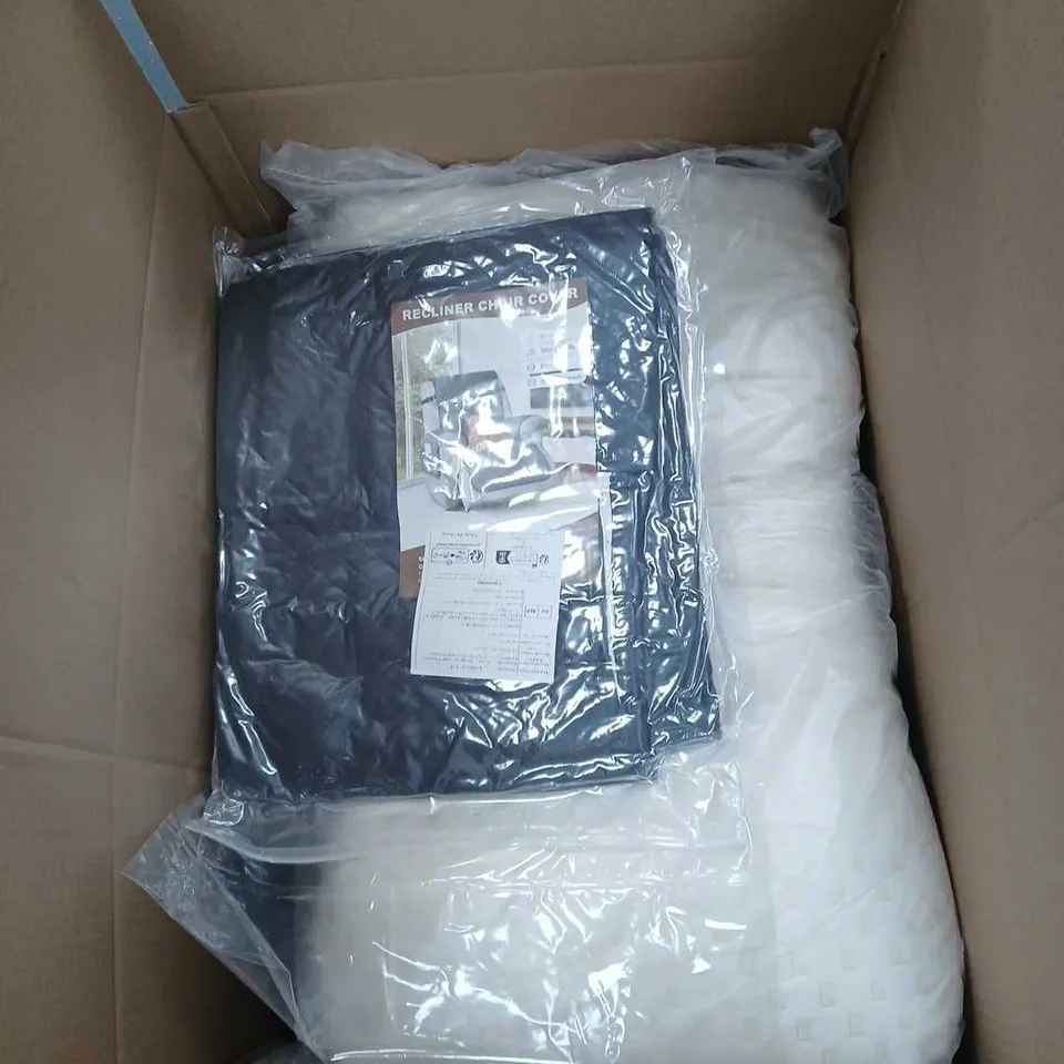 BOX OF APPROXIMATELY 15 ASSORTED ITEMS TO INCLUDE PILLOW, RECLINER CHAIR COVER ETC