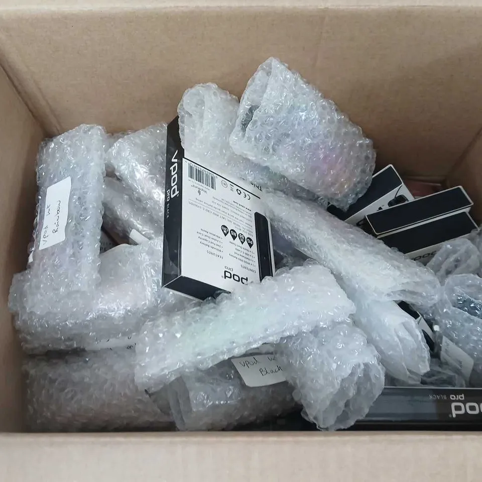 BOX OF APPROXIMATELY 35 ASSORTED E-CIGARETTES AND COMPONENTS TO INCLUDE: VPOD PRO REFILLABLE DEVICE KITS