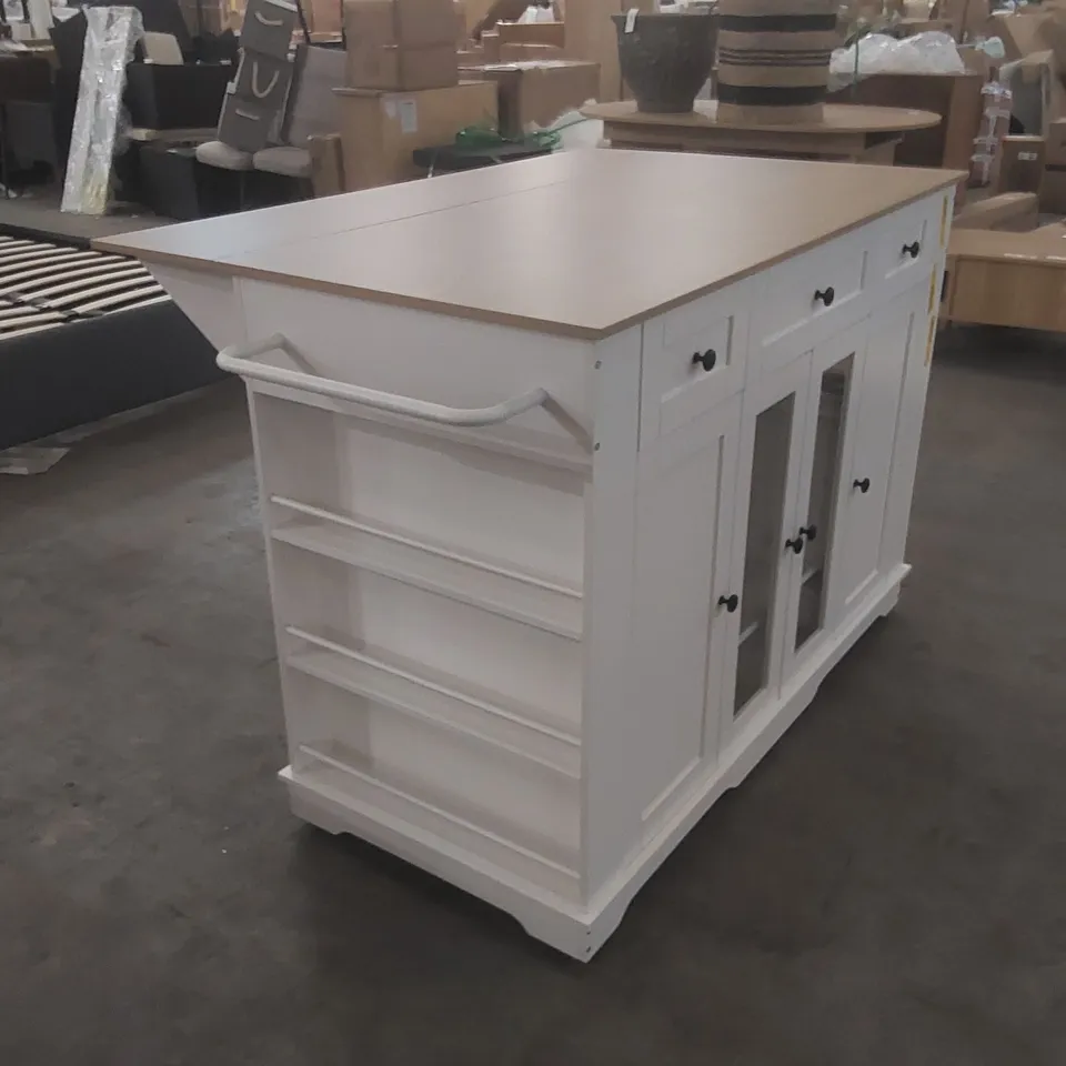 EXPANDABLE KITCHEN ISLAND WITH FOLDABLE SIDES 151.5CM STORAGE CART, TEMPERED GLASS DOORS BASE FINISH: WHITE