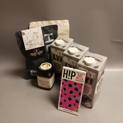 BOX OF APPROX 12 ASSORTED FOOD ITEMS TO INCLUDE - OATLY ORIGINAL OAT MILK - MANUKA DOCTOR HONEY - PACT COFFEE BEANS ETC