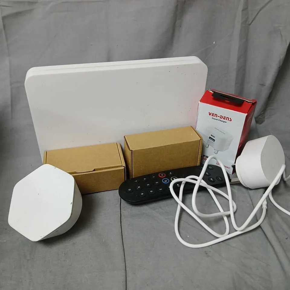 APPROXIMATELY 15 ASSORTED HOUSEHOLD ITEMS TO INCLUDE ROUTERS, CABLES, REMOTES, ETC