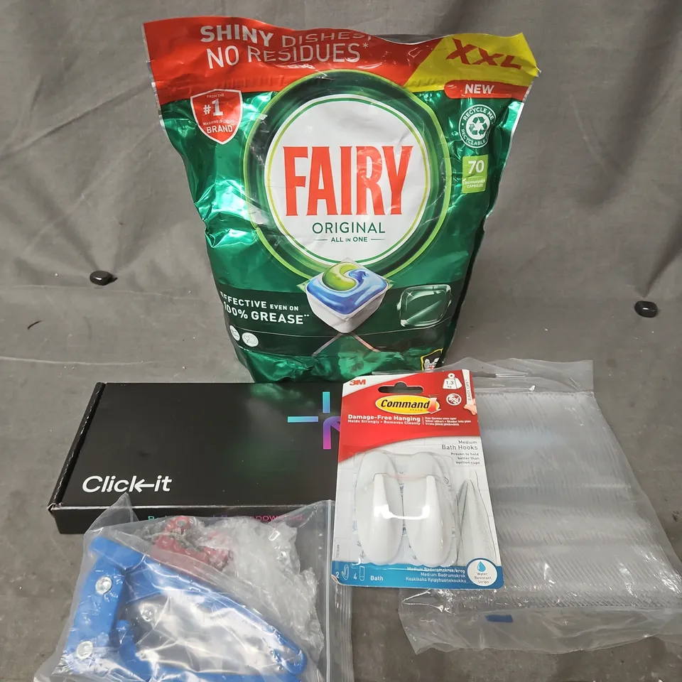 APPROXIMATELY 12 ASSORTED HOUSEHOLD ITEMS TO INCLUDE FAIRY ALL IN ONE, COMMAND BATH HOOKS, CLICK-IT, ETC