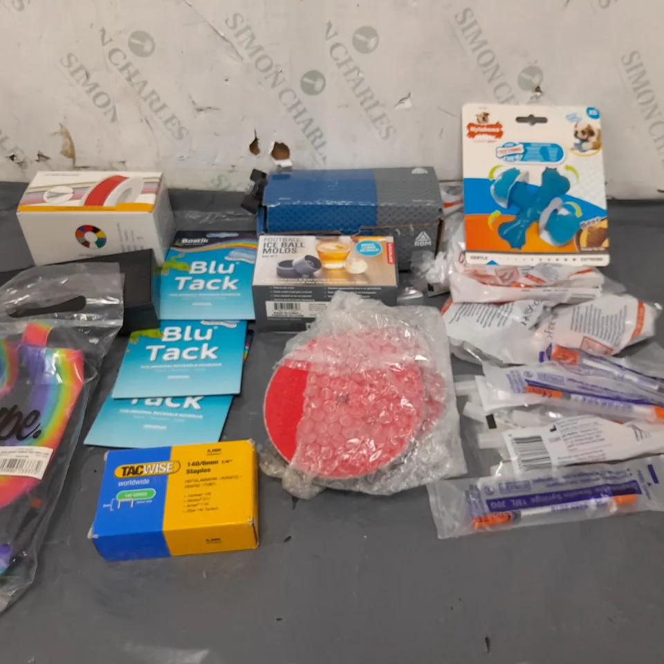 TOTE OF APPROXIMATELY 15 ASSORTED HOUSEHOLD ITEMS TOO INCLUDE BLU TACK, ICE BALL MOLDS, AND DOG CHEW TOY ETC. 
