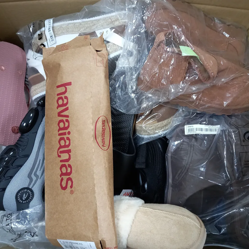 APPROXIMATELY 15 PAIRS OF ASSORTED UNBOXED SHOES TO INCLUDE - FLIP FLOPS - SLIPPERS - TRAINERS ETC