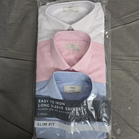 BAGGED M&S SLIM FIT EASY IRON LONG SLEEVE SHIRTS 3 PACK – WHITE, PINK & BLUE, COLLAR 15IN