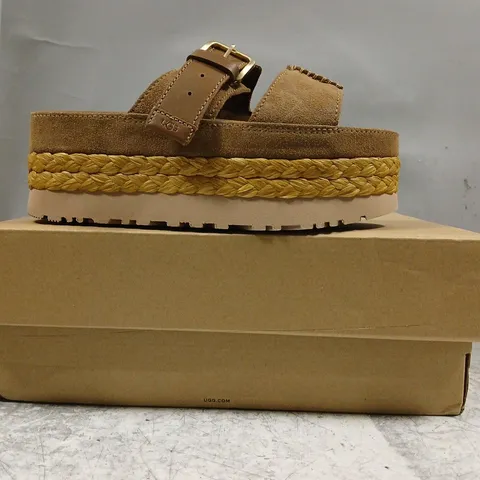 BOXED PAIR OF UGG OPEN TOE PLATFORM SANDALS IN BROWN SIZE UK 3