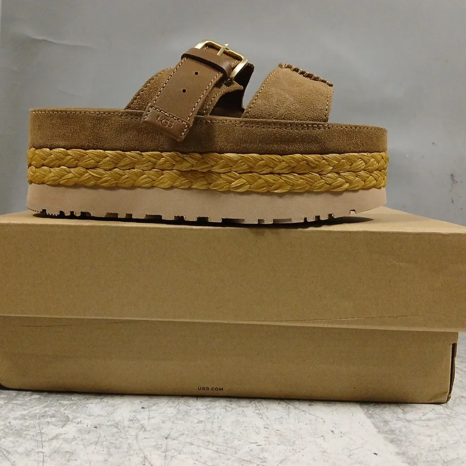 BOXED PAIR OF UGG OPEN TOE PLATFORM SANDALS IN BROWN SIZE UK 3