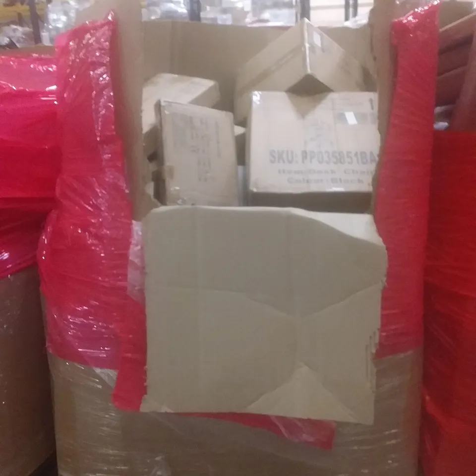 PALLET OF ASSORTED HOUSEHOLD PRODUCTS AND ITEMS, INCLUDING; FOOD PROCESSORS, 2-WHEEL TROLLEY, BED RAILS, DESK CHAIR ETC