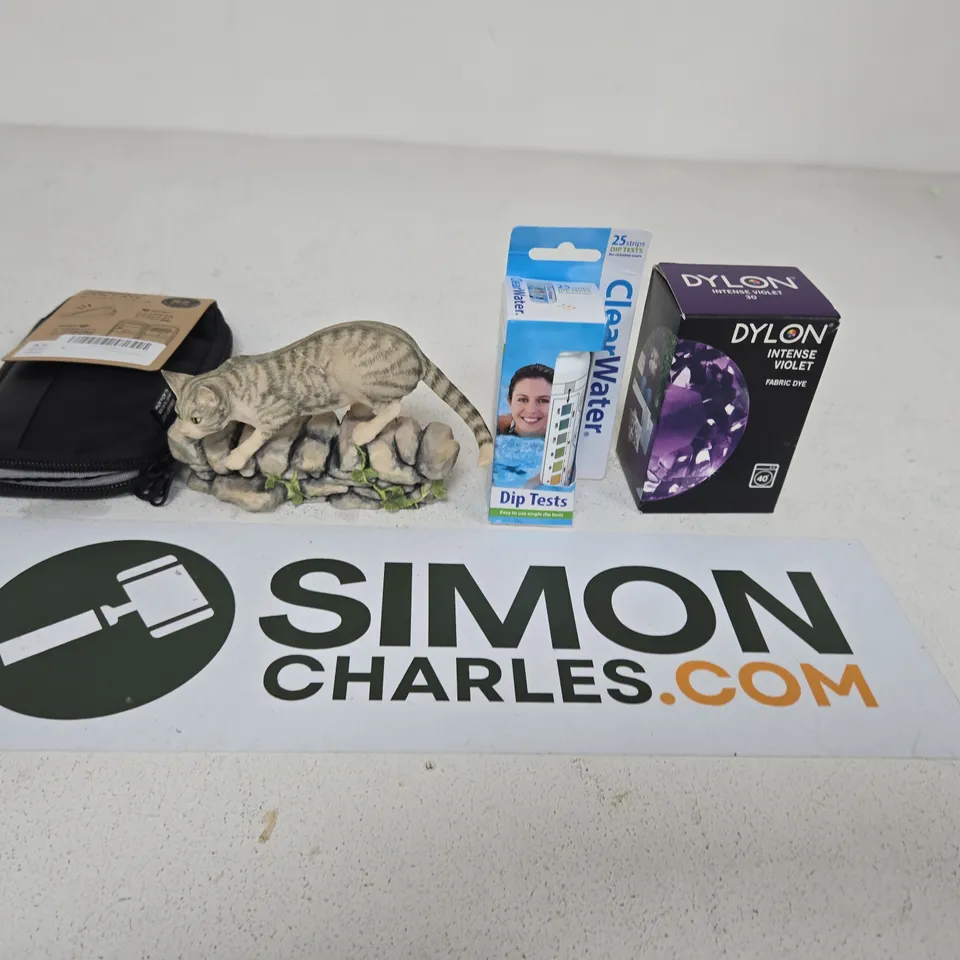 APPROXIMATELY 15 ASSORTED HOUSEHOLD PRODUCTS TO INCLUDE A CAT ORNAMENT, DYLON FABRIC DYE AND CLEARWATER DIP TESTS