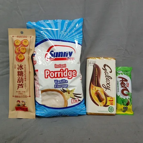 APPROXIMATELY 10 ASSORTED FOOD AND DRINK ITEMS TO INCLUDE GALAXY CHOCOLATE, INSTANT PORRIDGE, ETC