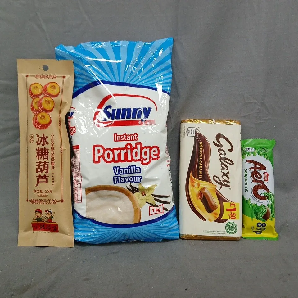 APPROXIMATELY 10 ASSORTED FOOD AND DRINK ITEMS TO INCLUDE GALAXY CHOCOLATE, INSTANT PORRIDGE, ETC