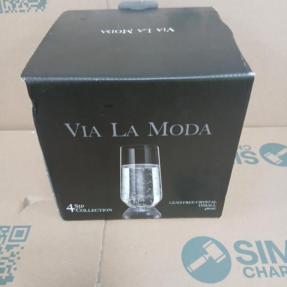 FOUR VIA LA MODA LEAD FREE CRYSTAL TUMBLERS – 4 SIP COLLECTION (480 ML) – BOXED