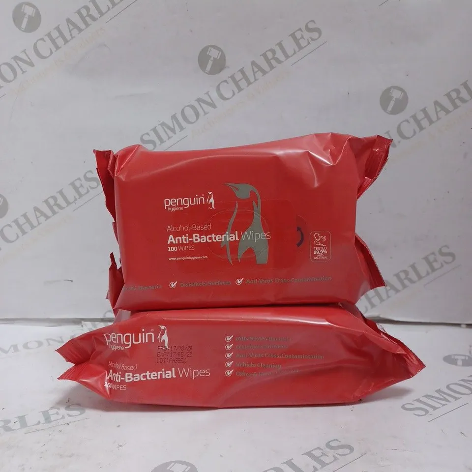BOX OF APPROX 20 PACKS OF PENGUIN HYGIENE ALCOHOL BASED ANTI-BACTERIAL WIPES. 