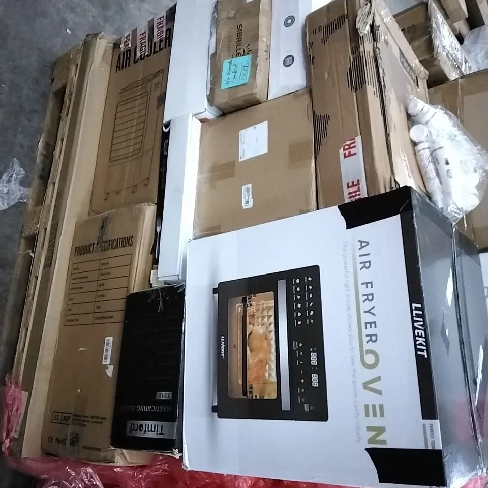 PALLET OF ASSORTED HOUSEHOLD ITEMS TO INCLUDE AIR FRYER OVEN, AIR COOLER, BAGGED MATTRESS AND NON-STICK WOK