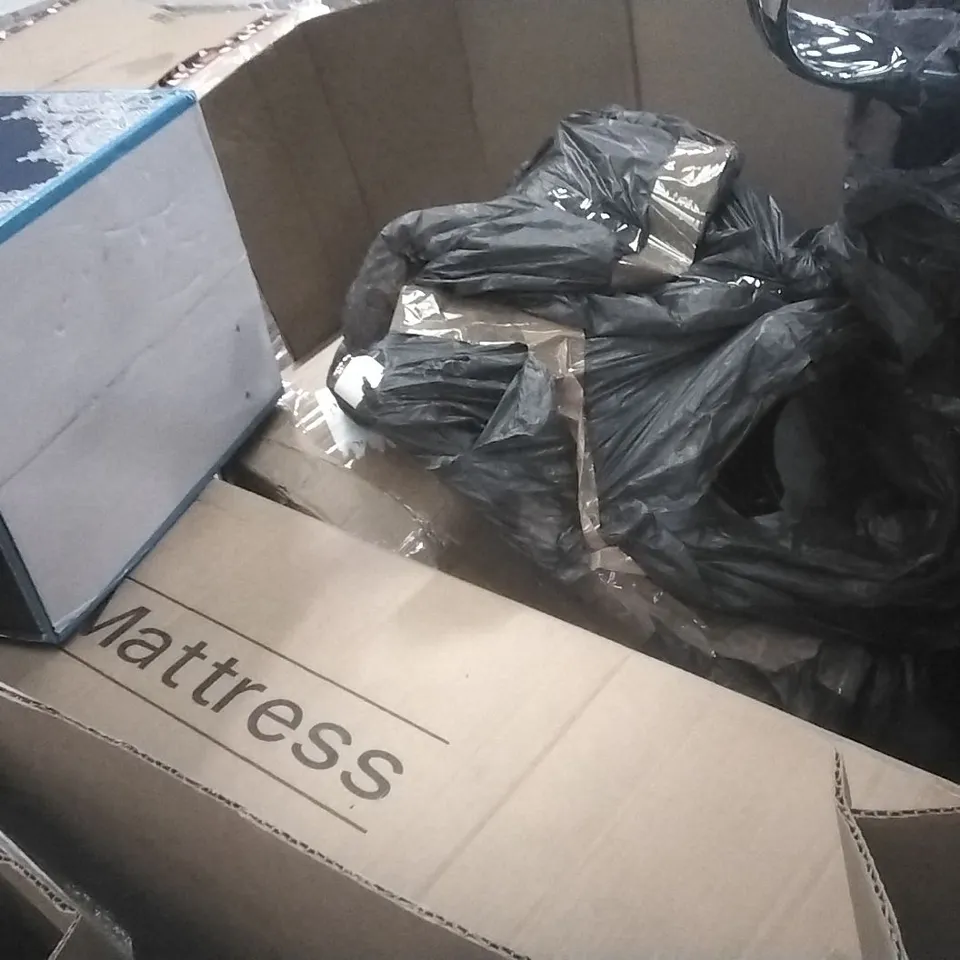 PALLET OF ASSORTED ITEMS INCLUDING OFFICE CHAIR, MATTRESS, DESK, NEWDAY CEILING FAN, FANQUARE 18PCS PLATE SET