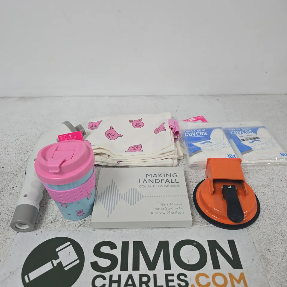 APPROXIMATELY 15 ASSORTED ITEMS INCLUDING M&S HOME PERCY PIG TRAVEL MUG, MAKING LANDFALL COLLECTED POSTCARDS AND M&S HOME PERCY PIG TOTE BAG