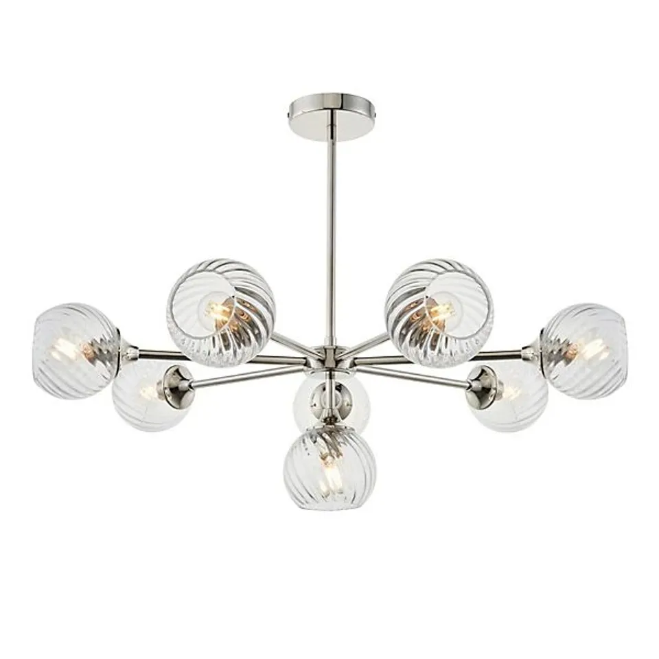 BOXED LUMINOSA ALLEGRA 8 LIGHT MULTI ARM GLASS SHADE CEILING PENDANT BRIGHT NICKEL