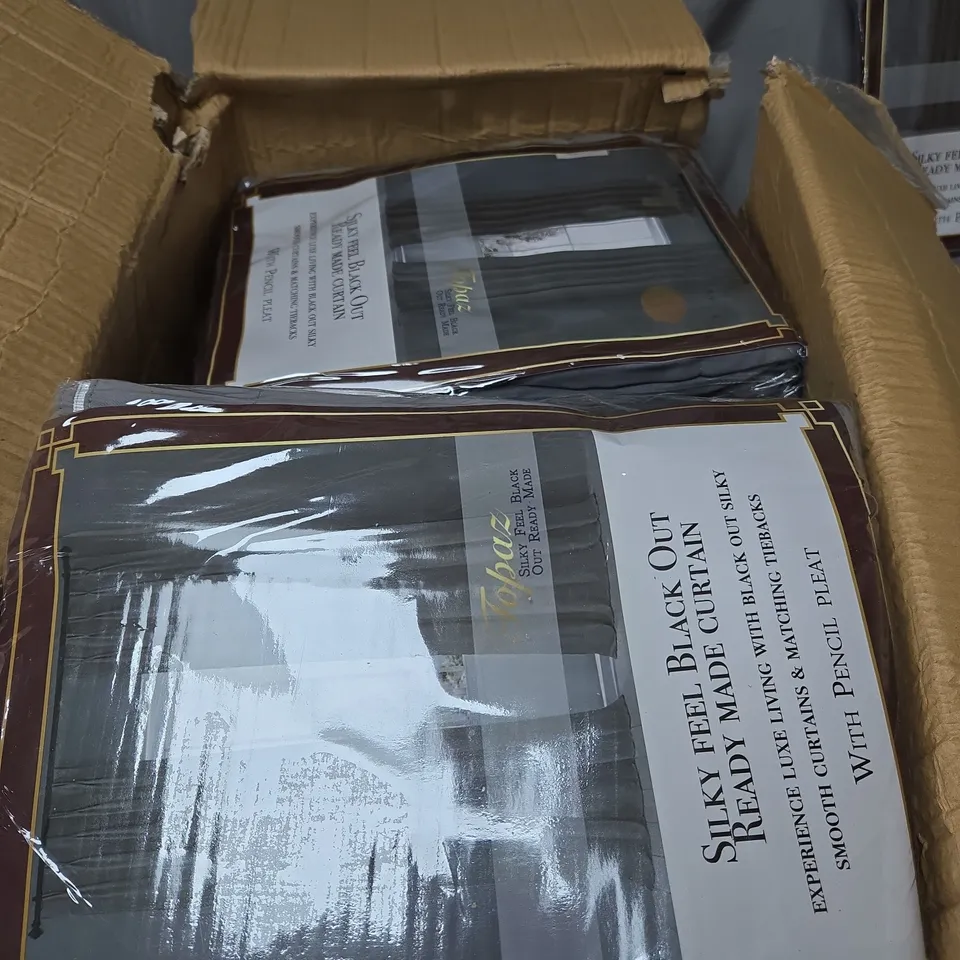 BOX OF APPROXIMATELY 20 X TOPAZ SILKY FEEL BLACK OUT READY MADE CURTAIN – PENCIL PLEAT, BOXED