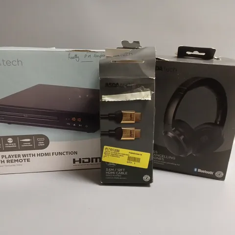 APPROXIMATELY 20 ASSORTED TECH PRODUCTS TO INCLUDE WIRELESS HEADPHONES, DVD PLAYER, GOLD PLATED HDMI CABLE