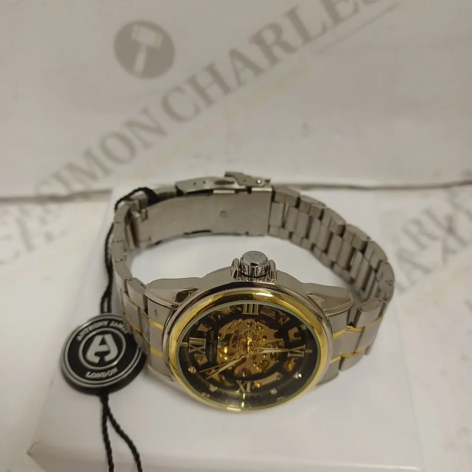 BOXED ANTHONY JAMES WATCH - TWO TONE STAINLESS STEEL - AUTOMATIC - SKELETON FACE - WATER RESISTANT. 