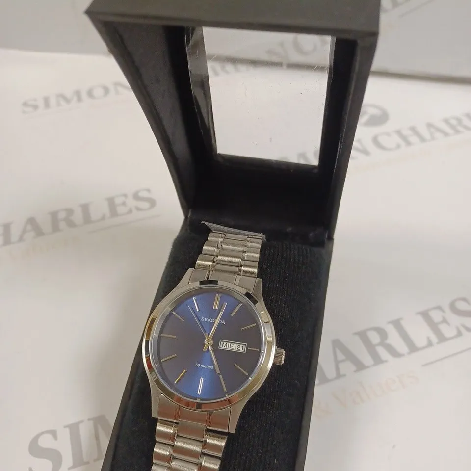 BOXED SEKONDA ALL STAINLESS STEEL BLUE FACED MENS WATCH