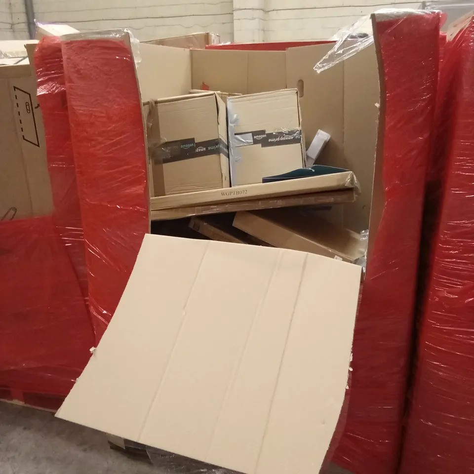 PALLET OF ASSORTED HOUSEHOLD GOODS AND PRODUCTS TO INCLUDE; PUZZLE STAND, TV STAND, METAL FRAME WALL MIRROR ETC