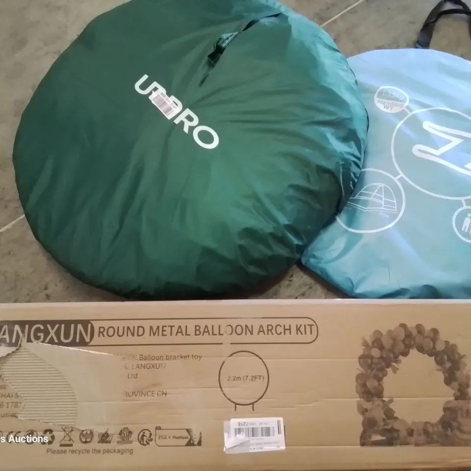 PALLET OF ASSORTED ITEMS TO INCLUDE, AB BOOSTER PLUS, FOLDING SCOOTER, POP UP SUN SCREEN SHELTERS, VERONA MIRROR, ROUND METAL BALLOON ARCH KIT.