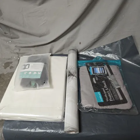 BOX OF APPROXIMATELY 20 ASSORTED ITEMS TO INCLUDE POSTURE CORRECTION BELT, WALLPAPER, WEATHERPROOF TABLET PROTECTOR, BED SHEET ETC