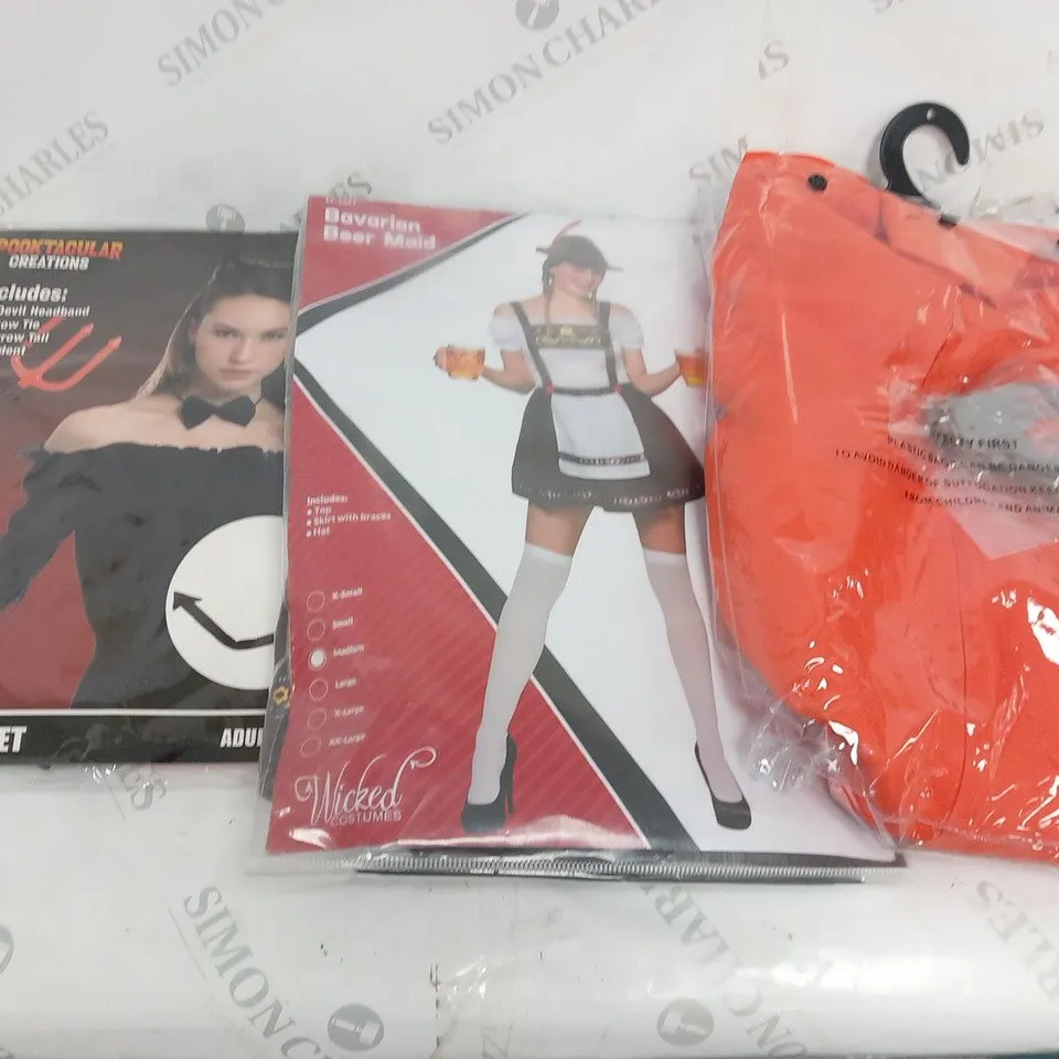 THREE ASSORTED ADULTS FANCY DRESS COSTUMES TO INCLUDE; BAVARIAN MAID, BLACK DEVIL SET AND PRISONER