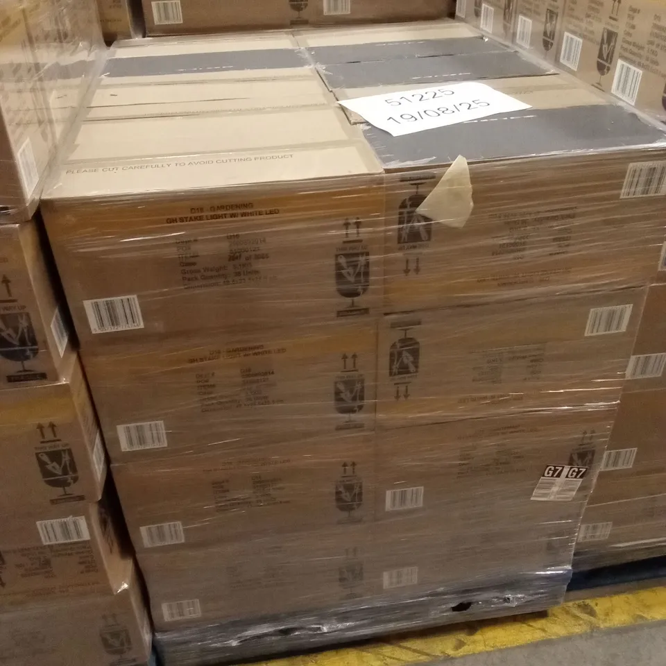 PALLET TO CONTAIN APPROXIMATELY 40 BOXES OF BRAND NEW GARDEN SOLAR STAKE LIGHTS // 36 STAKE LIGHTS PER BOX