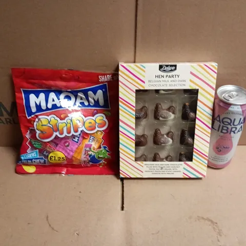 APPROXIMATELY 12 ASSORTED FOOD AND DRINKS ITEMS TO INCLUDE - AQUA LIBRE RASPBERRY & BLACKCURRANT WATER, HEN SHAPED CHOCOLATES, MOAM STRIPES ETC 