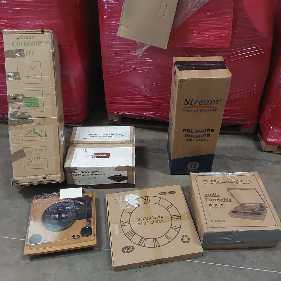 PALLET OF ASSORTED ITEMS INCLUDING: AUDIO TURNTABLES, PRESSURE WASHER, ARTIFICIAL CHRISTMAS TREE, WALL CLOCK ECT