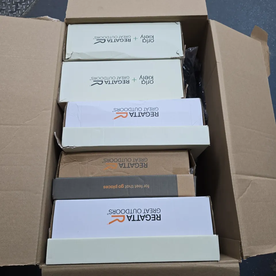 BOX OF APPROXIMATELY 14 BRAND NEW REGATTA CLOTHING AND FOOTWEAR ITEMS IN VARIOUS STYLES , COLOURS AND SIZES 