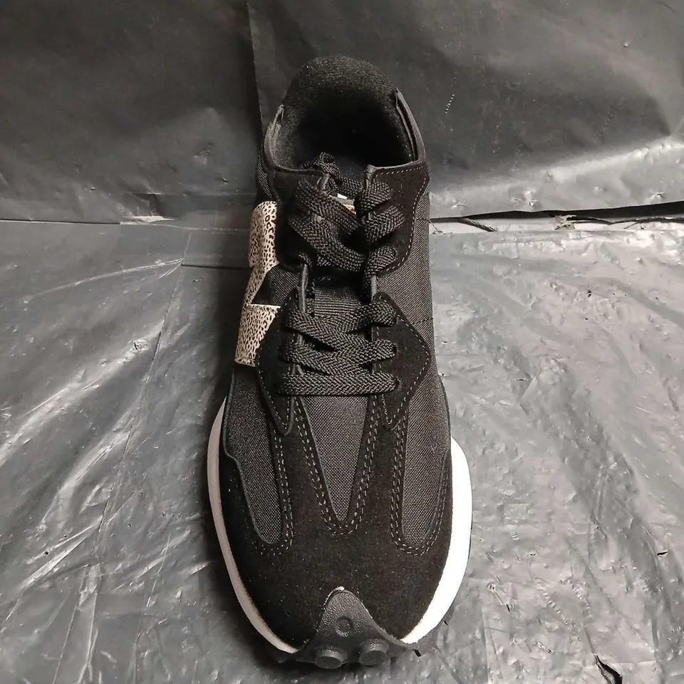 BOXED PAIR OF NEW BALANCE TRAINERS – BLACK WITH LEOPARD PRINT N LOGO - UK SIZE 7.5