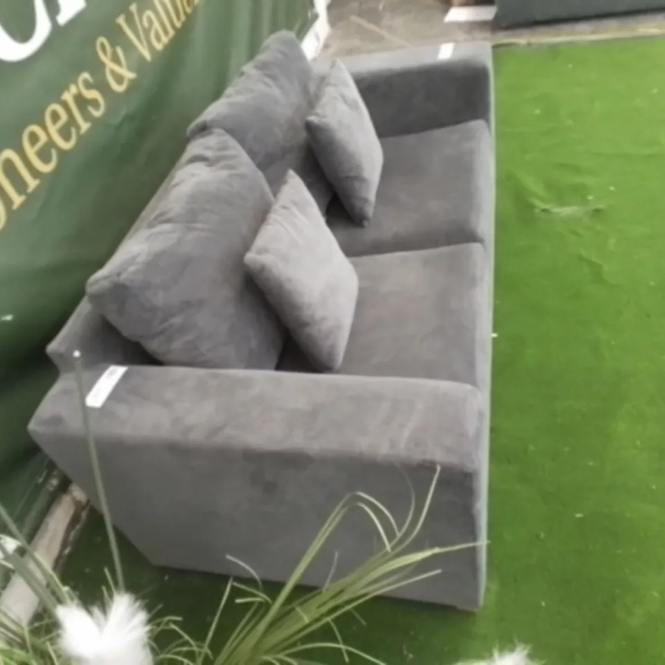 DESIGNER GREY FABRIC TWO SEATER SOFABED WITH SIDE CUSHIONS