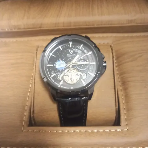 MENS WILLIAM JOURDAIN AUTOMATIC 2580 WATCH β OPEN HEART MOVEMENT WITH SUB DIALS β GLASS EXHIBITION BACK CASE β BLACK GENUINE LEATHER STRAP