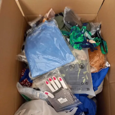 BOX OF ASSORTED CLOTHING ITEMS TOO INCLUDE DRESSES , SHIRTS AND TROUSERS IN VARIOUS SIZES AND COLOURS