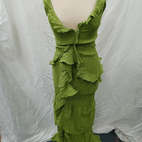 PRETTYLITTLETHING FRILL PLEATED MIDAXI DRESS, GREEN - SIZE 10 
