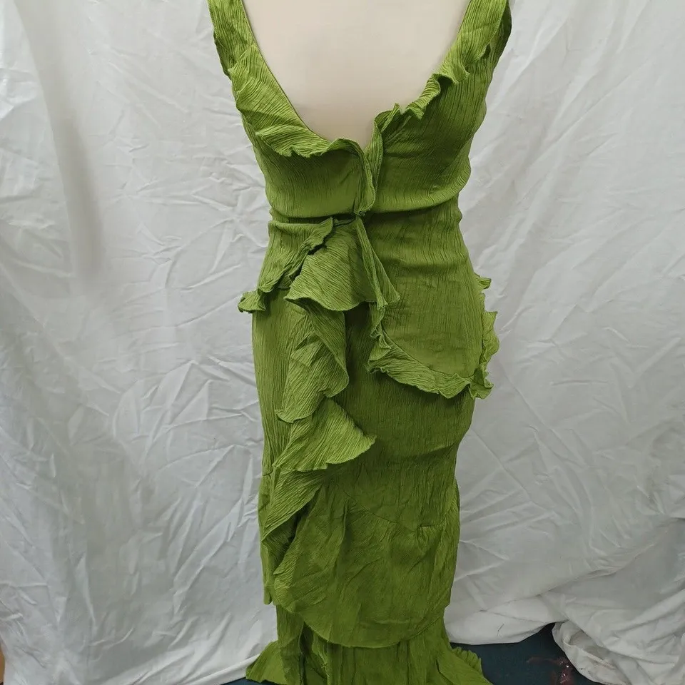 PRETTYLITTLETHING FRILL PLEATED MIDAXI DRESS, GREEN - SIZE 10 