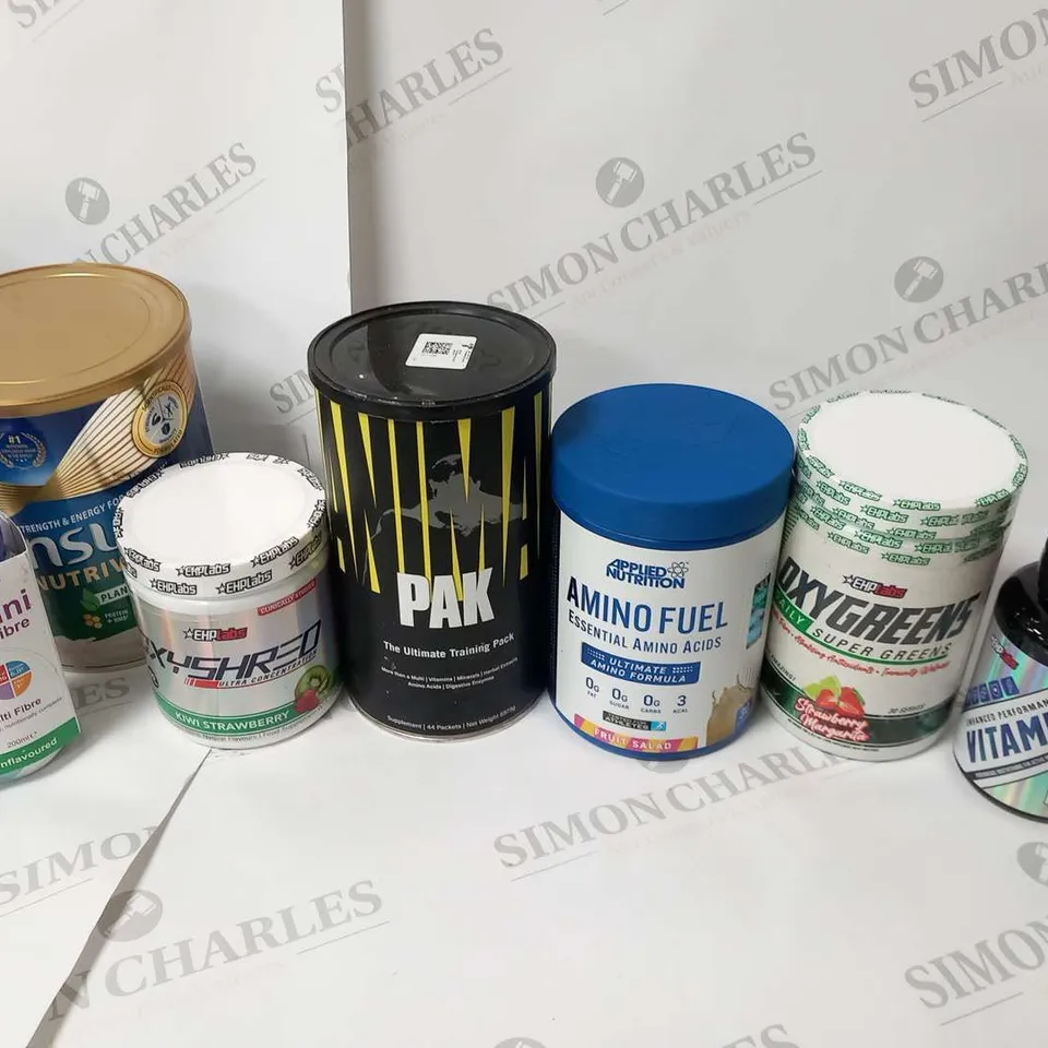 SEVEN ASSORTED FOOD SUPPLEMENTS AND HEALTH PRODUCTS TO INCLDUE; EHP LABS VITAMINS, OXYGREENS DAILY SUPERGREENS, APPLIED NUTRITION AMINO FUEL, PAK THE ULTIMATE TRAINING PACK, OXYSHRED, NUTRICIA FORTINI