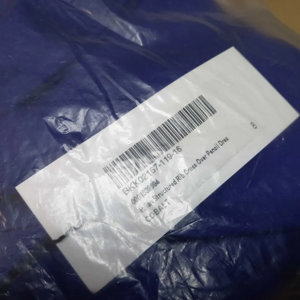 PACKAGED KAREN MILLEN COBALT ITALIAN STRUCTURED RIB CROSS OVER PENCIL DRESS - SIZE 8