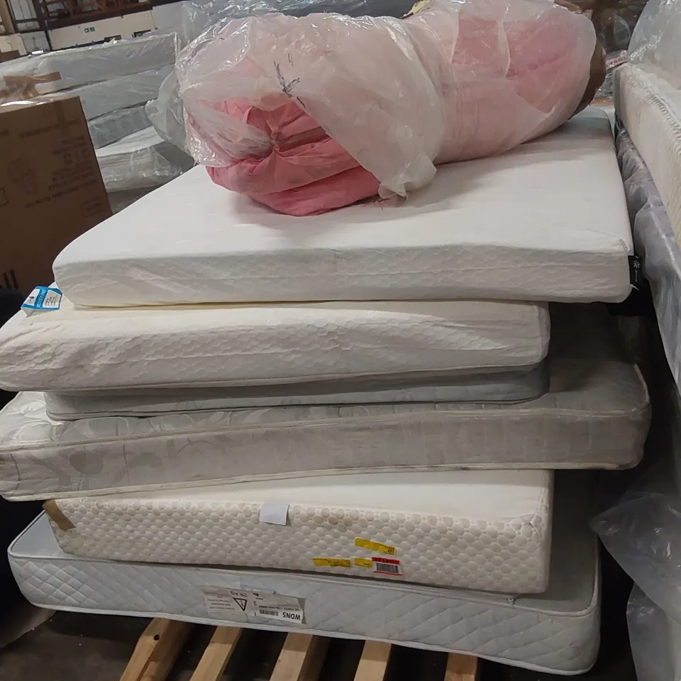 PALLET OF APPROXIMATELY 9 UNBAGGED MATTRESSES - VARIOUS SIZES, BRANDS, CONDITIONS 