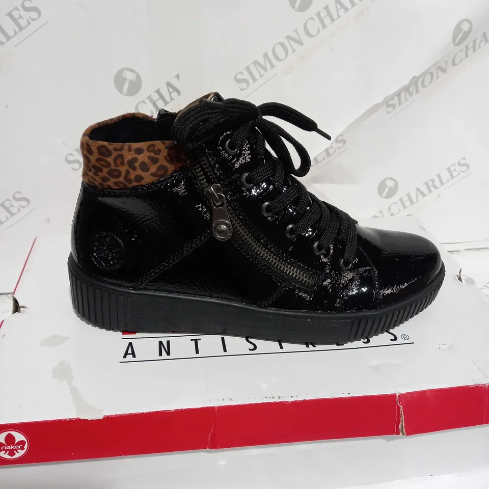 BOXED PAIR OF RIEKER BROWN HIGH TOP LEOPARD CUFF TRAINERS BLACK - SIZE 5 