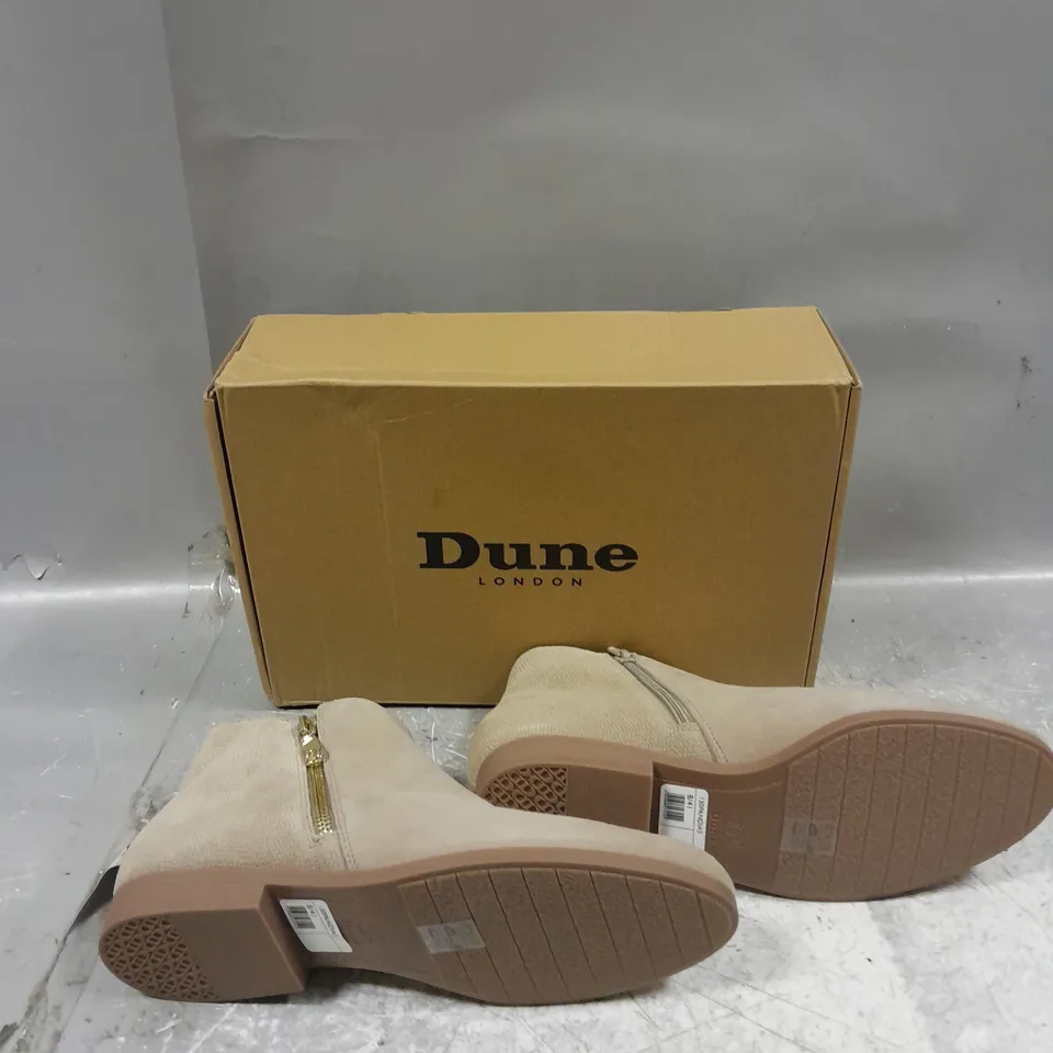 BOXED PAIR OF DUNE LONDON PANDIAS SAND - SUEDE SIZE ZIP BOOT SIZE 8 