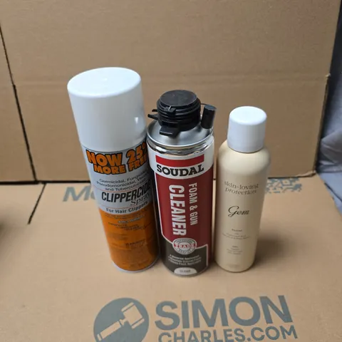 TOTE OF APPROXIMATELY 16 ASSORTED AEROSOL PRODUCTS TO INCLUDE GEM SANTAL ANTI PERSPIRANT, SOUDAL FOAM AND GUN CLEANER, CLIPPERCIDE SPRAY ETC