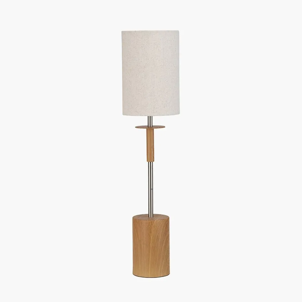 BOXED BONHAM NATURAL WOOD VENEER AND SILVER METAL TABLE LAMP