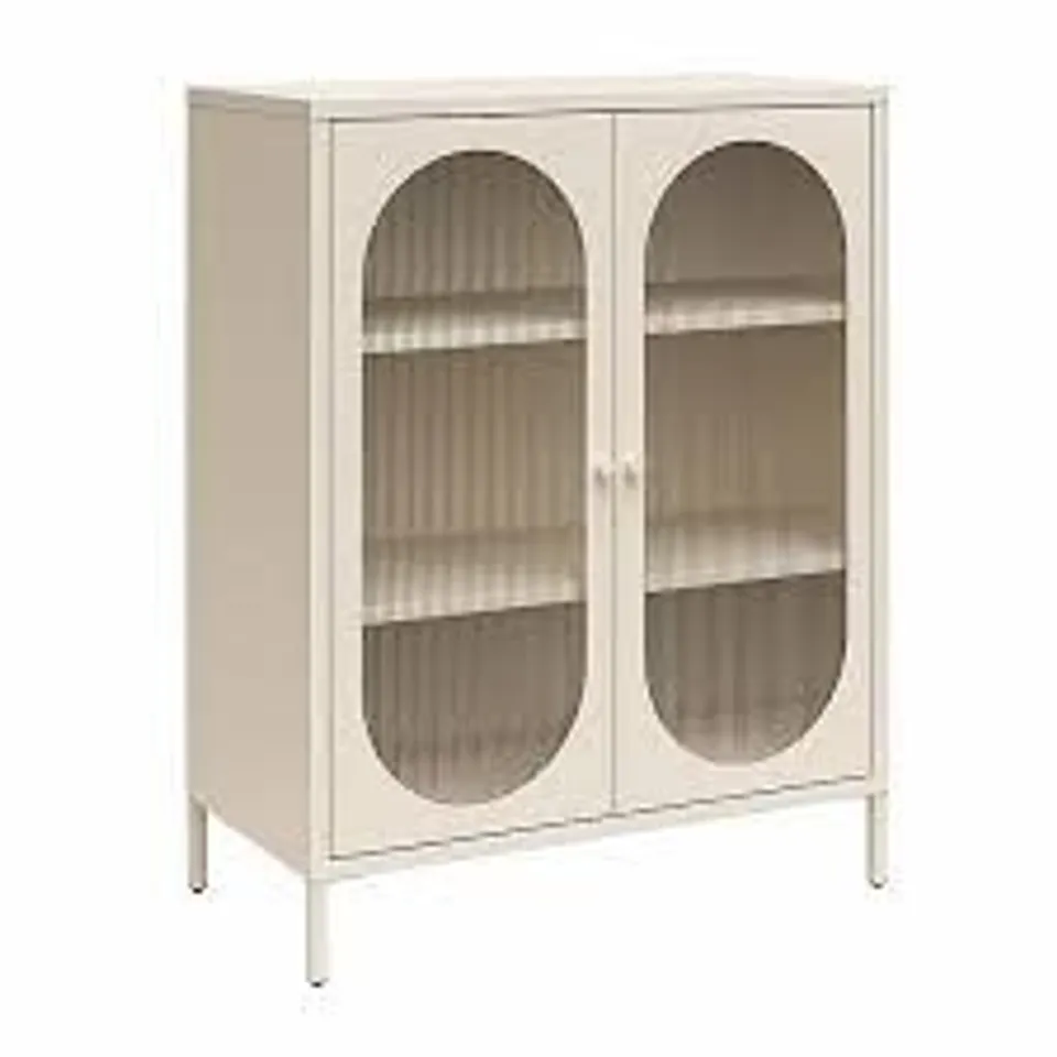 BOXED LUNA METAL STORAGE CABINET WITH 2 FLUTED GLASS DOORS IN PARCHMENT