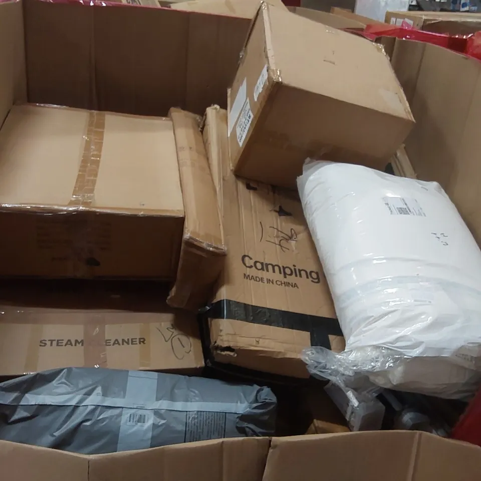 PALLET OF ASSORTED ITEMS INCLUDING: STEAM CLEANER, FOLDING PET TROLLEY, BLACK MOBILE TV CART, LARGE RUG, BLINDS ECT