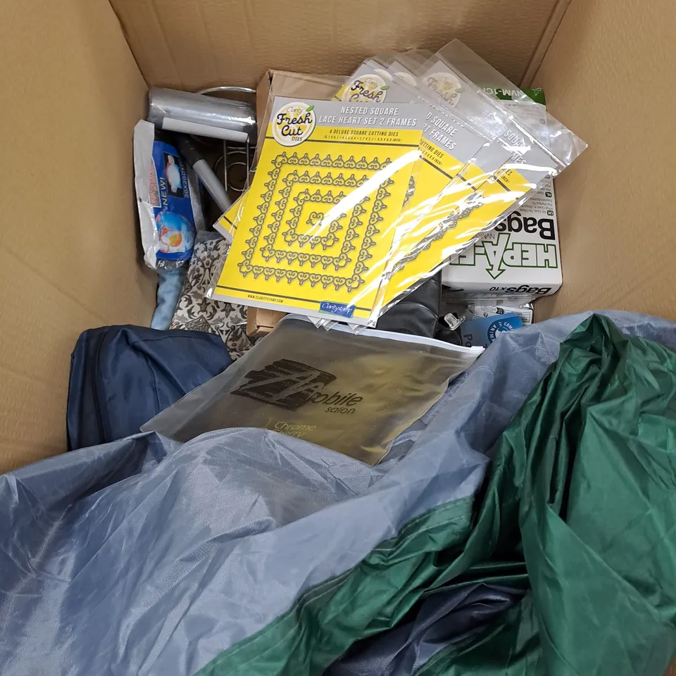 LARGE BOX OF ASSORTED HOUSEHOLD ITEMS TOO INCLUDE WOOL , LATEX GLOVES , MATS , ETC 