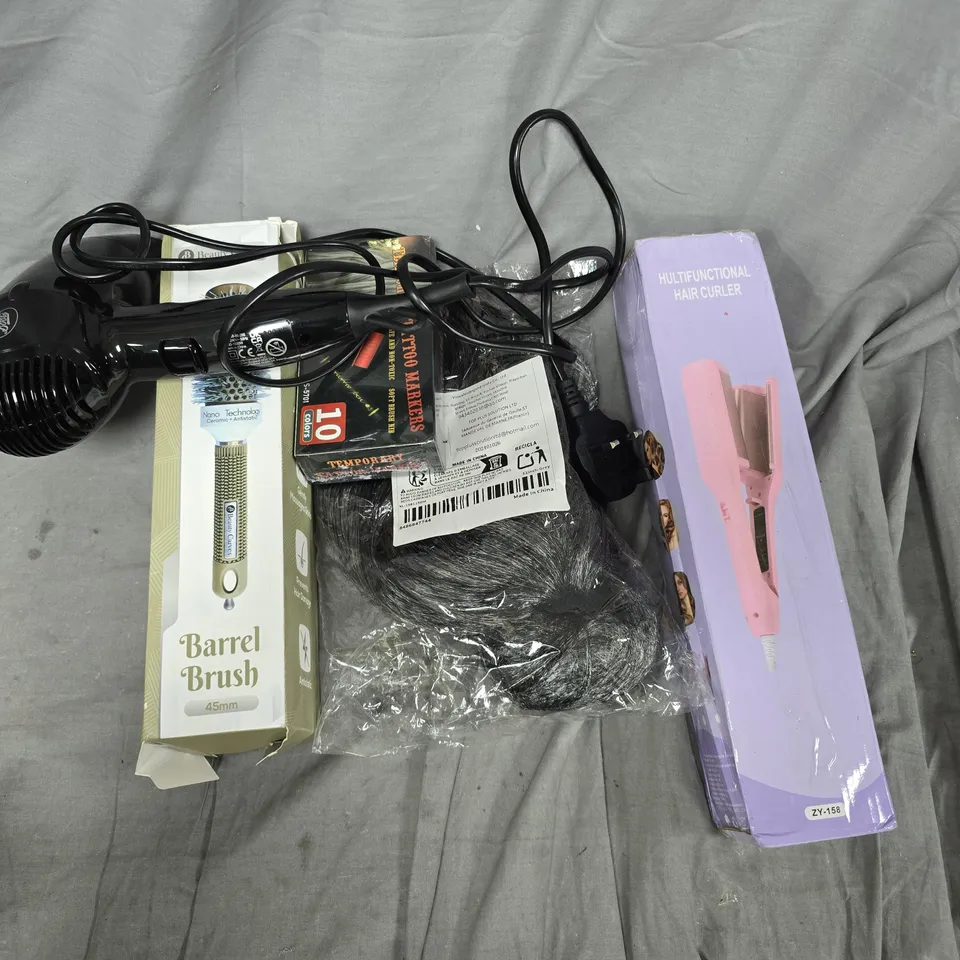 APPROXIMATELY 10 ASSORTED HEALTH & BEAUTY ITEMS TO INCLUDE BOOTS HAIR DRYER, BARREL BRUSH, HAIR EXTENSIONS, ETC